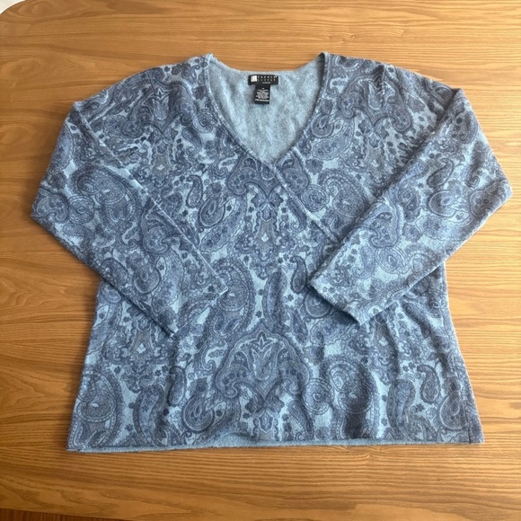 CAROLE LITTLE Blue Angora Lambswool Sweater Size 1X Faux Wrap - Picture 1 of 5